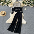 Plus-size slimming two-piece set: age-defying, versatile crew neck color block striped knit top with high-waisted wide-leg pants