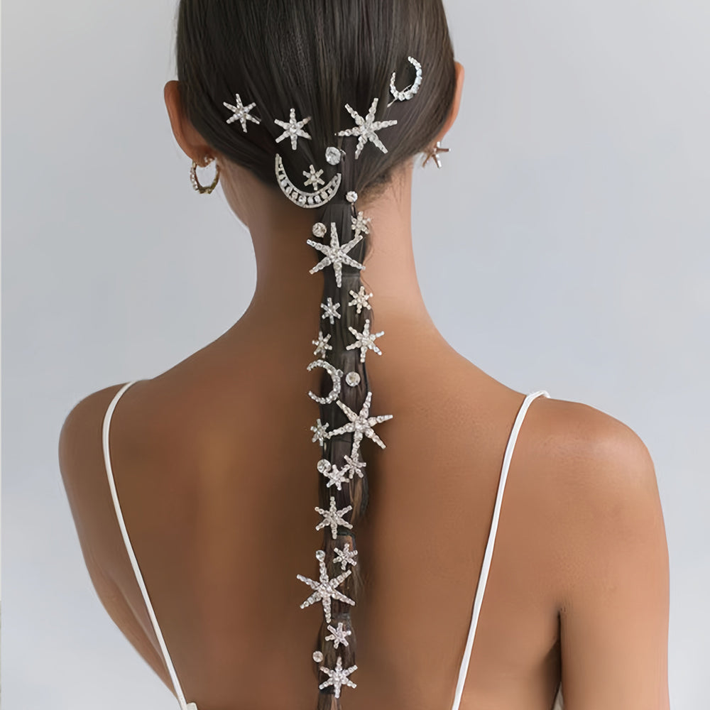 Wholesale alloy electroplated snap hair clips - european & american style cross-border jewelry, moon headwear, unique snowflake layered hair clip set for women