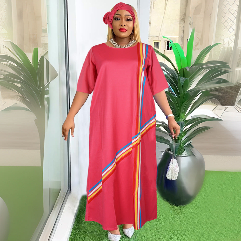 Aliexpress  cross-border supply african plus size european and american women's clothing colorfulstripesdress with headscarf