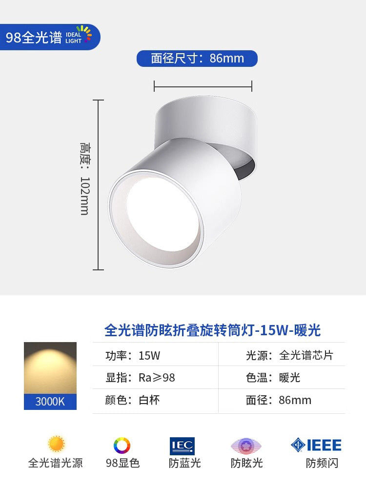 Full spectrum surface mounted downlight spotlight - no drilling, adjustable angle, bedroom ceiling light, folding hallway light, small light for home entrance