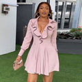 European and american women's clothing  autumn new collection: sweet and fresh ruffle v-neck long sleeve high-waisted slimming a-line dress