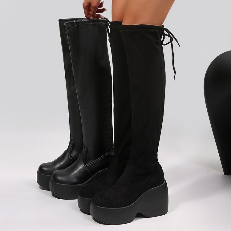 European and american style punk solid color high boots for women,  autumn/winter new collection, leather stretch wedge heel platform over-the-knee boots