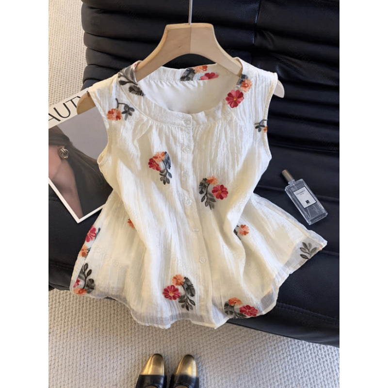 Women's new summer french chic embroidered sleeveless blouse with open front and collar – perfect for office and commuting