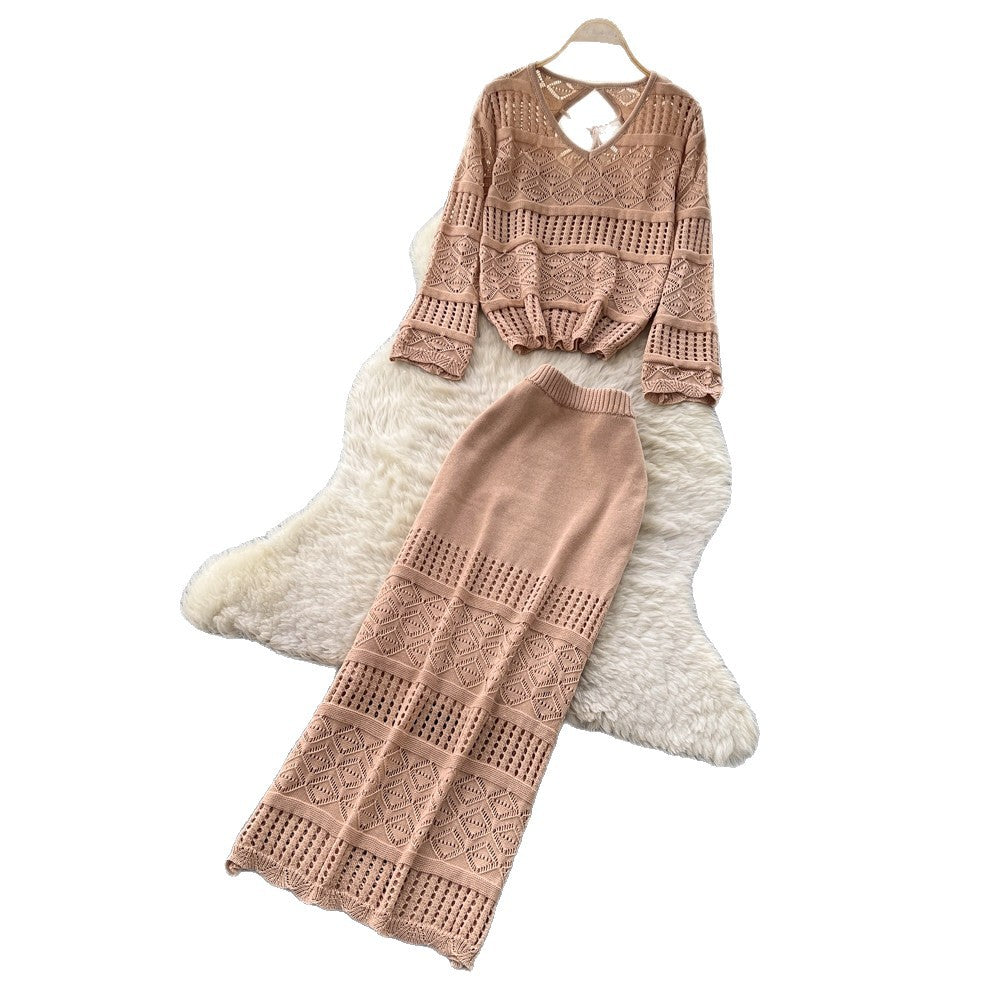French chic crochet knit two-piece set: elegant, versatile, and slimming top & midi skirt outfit