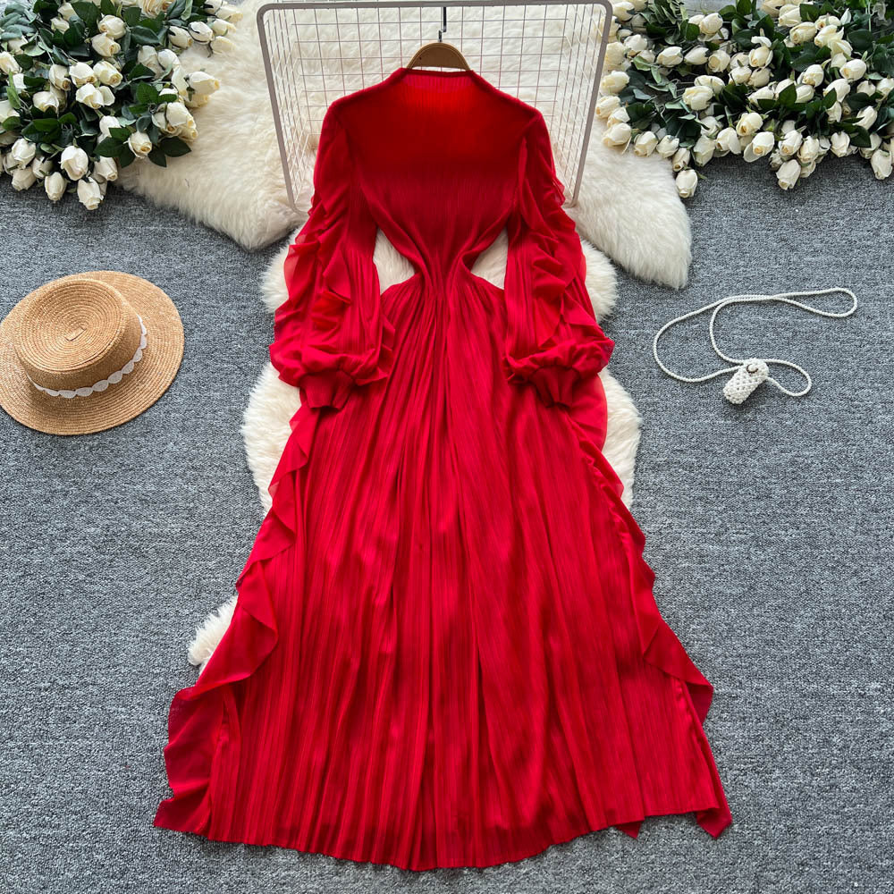 Miya european and american dress women's  autumn high-end slimming waist ruffle lantern sleeve pleated maxi dress