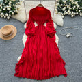 Miya european and american dress women's  autumn high-end slimming waist ruffle lantern sleeve pleated maxi dress