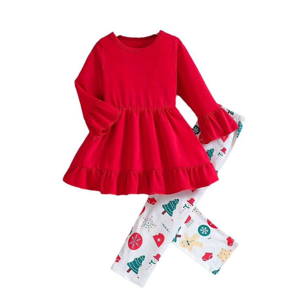 Girls' two-piece christmas outfit: red crewneck top with flared sleeves and printed skirted pants set (suitable for export)