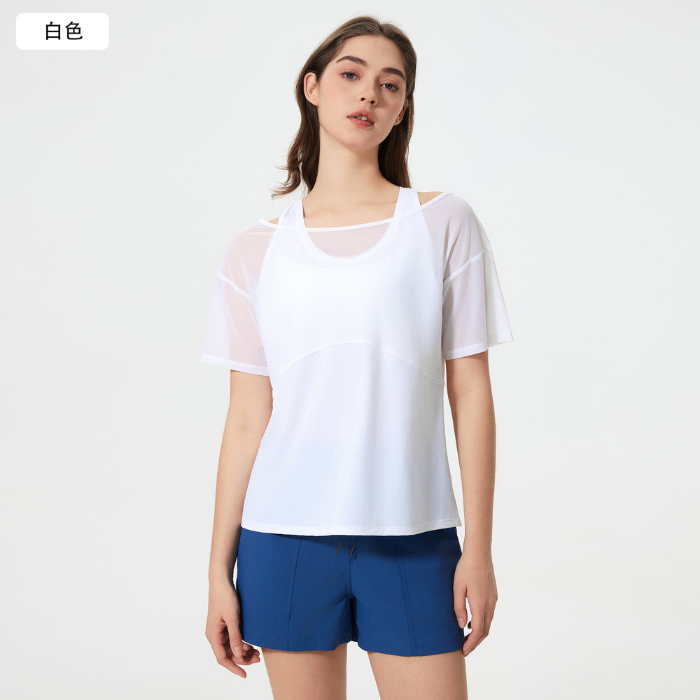 Women's loose-fit yoga top - short sleeve activewear t-shirt, running cover-up, faux two-piece design, quick-dry & breathable workout top d25040