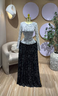 European and american cross-border women's fashion  spring new arrival: long-sleeved, round neck, printed, slim-fit, pleated, patchwork maxi dress