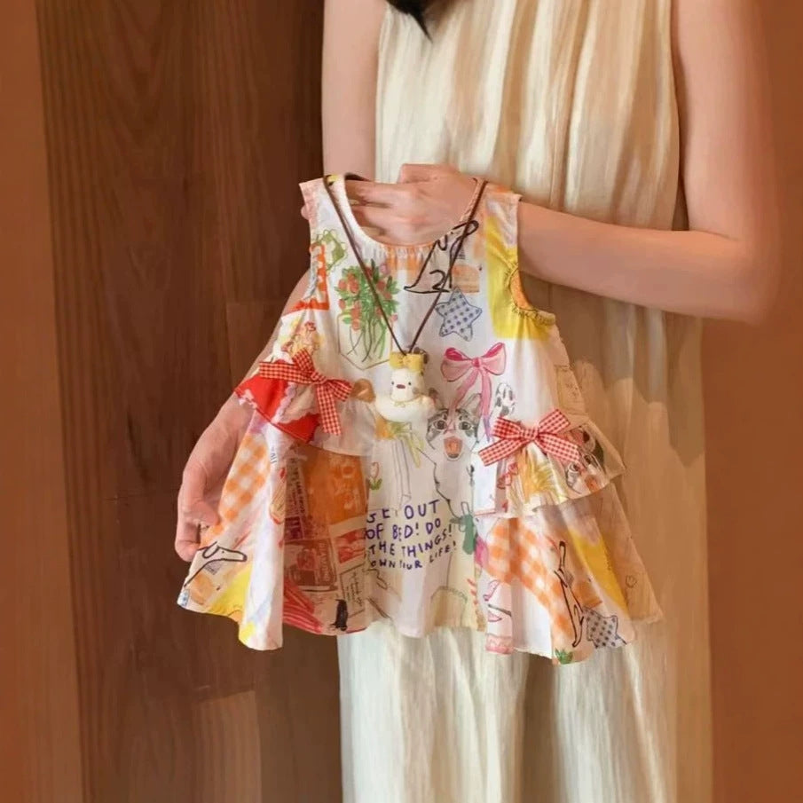 Girls' summer vacation dress  new style toddler baby girl chic tank dress fashion cartoon princess dress