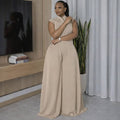 European and american cross-border women's fashion:  summer new collection - solid color button-down top & high-waisted wide-leg pants casual set