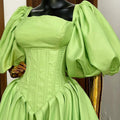 European and american cross-border women's clothing:  summer new arrivals - sweet and fresh square neck backless tie-up lantern sleeve cinched waist dress