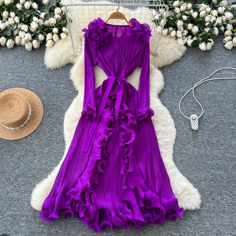 European and american niche style 3d ruffle trim tie-waist long sleeve pleated maxi dress with slit