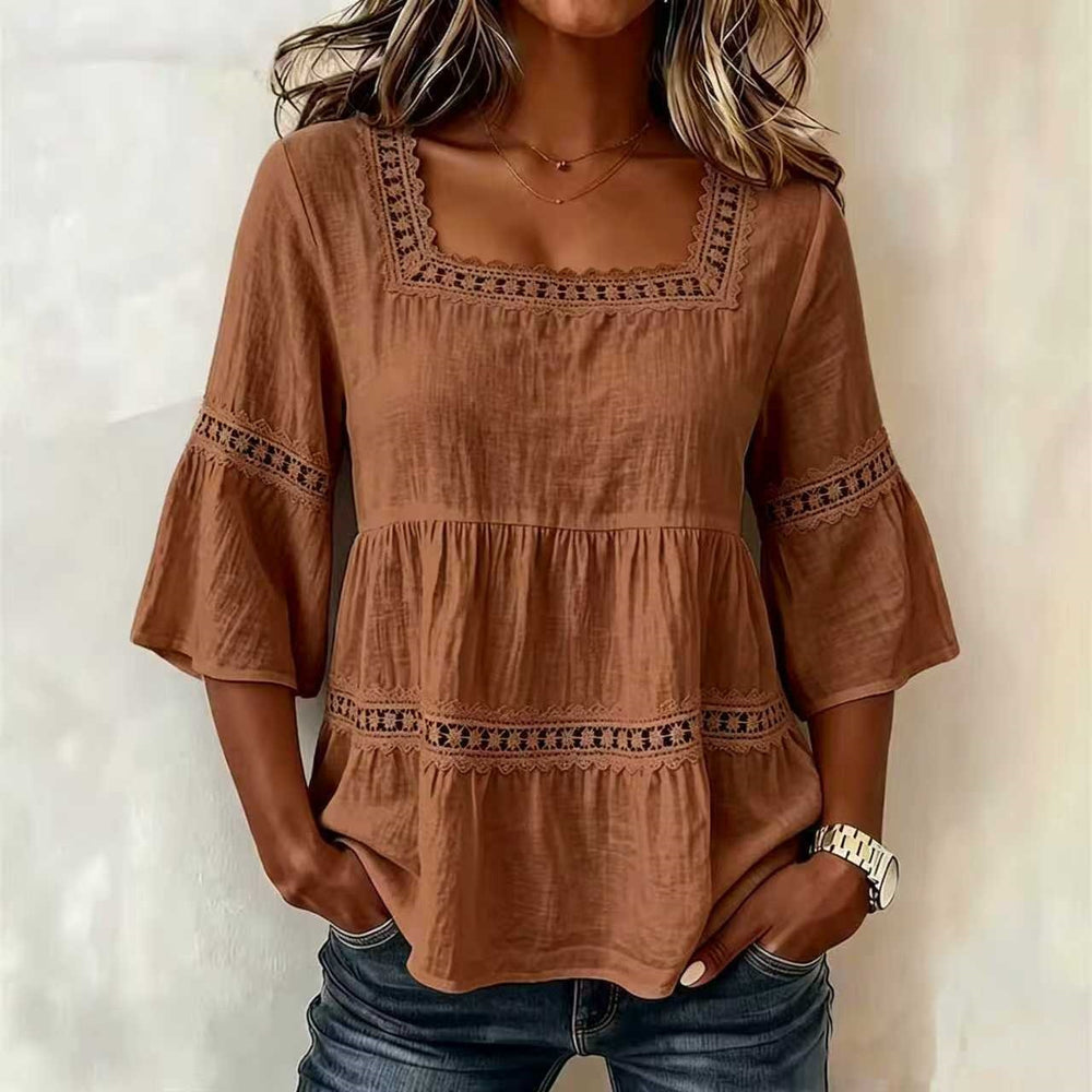 cross-border  summer solid color casual square neck cotton linen lace trimmed three-quarter sleeve top for women