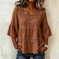 cross-border  summer solid color casual square neck cotton linen lace trimmed three-quarter sleeve top for women