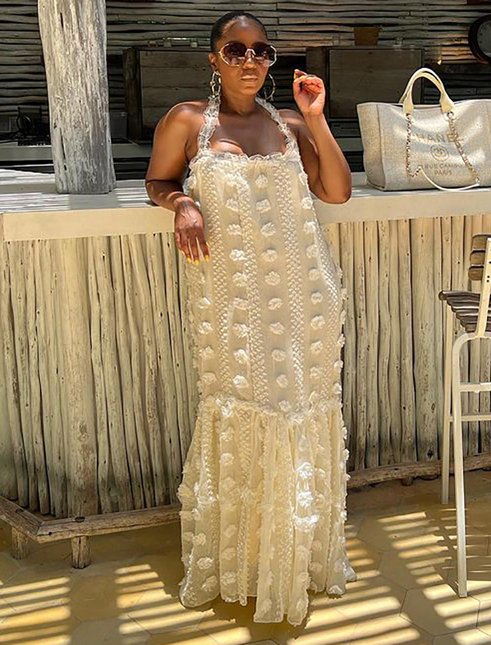 European and american cross-border women's fashion:  new arrivals - sexy and chic floral maxi dress with halter neck and tiered design