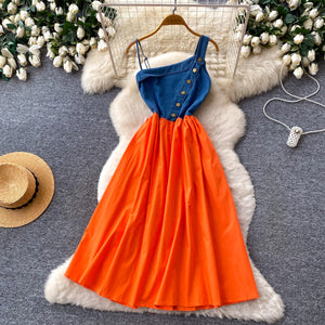 Vacation style sleeveless a-line dress for women summerhigh waist waist slimming lookelegant long skirt work clothingcasual skirt