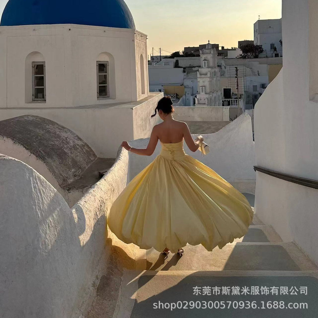 SDM176 temperament yellow tube top irregular lace pendulum dress princess style long dress wholesale Dress new