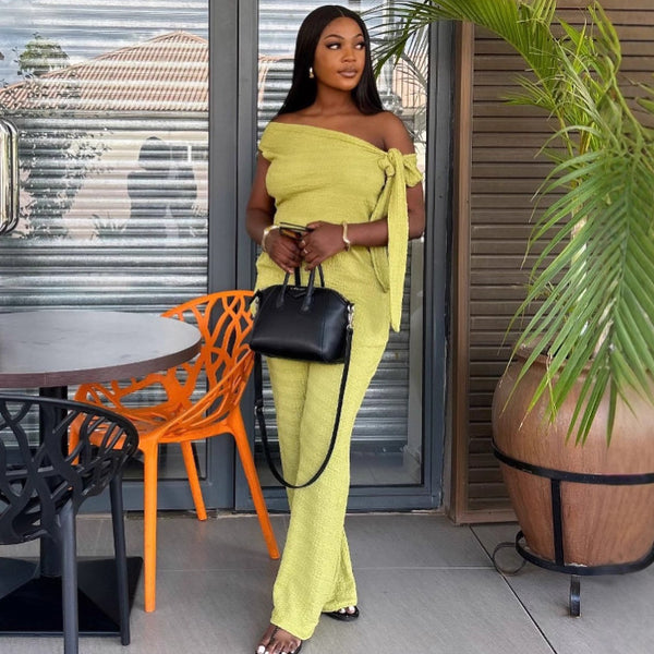 European and American women's clothing fashionable and sexy one-word shoulder straps short top women's African foreign casual trousers two-piece set trendy