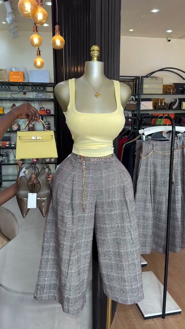 European and american cross-border women's fashion:  summer new arrivals - vintage plaid, loose fit, slimming wide-leg casual pants for petite figures