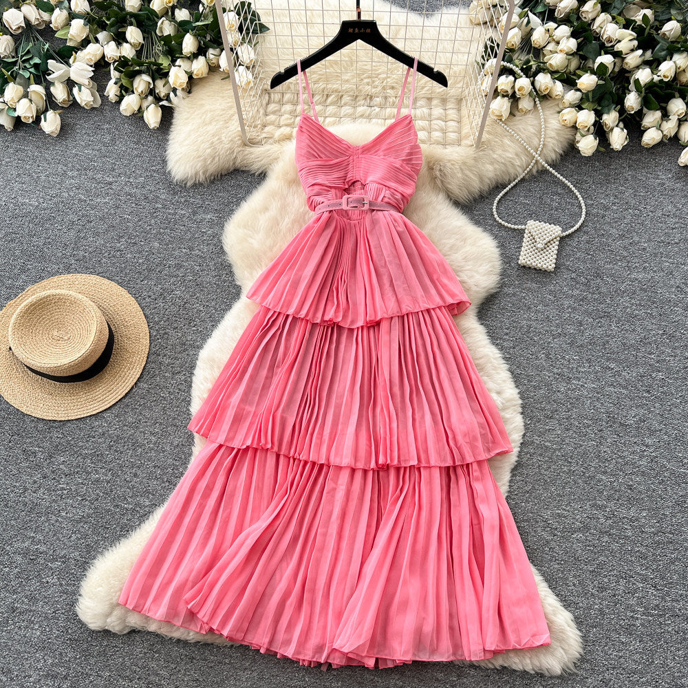 Red suspender layered pleated dress women's summer french holiday style waist ruffles cake skirt slimming look long skirt