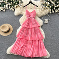 Red suspender layered pleated dress women's summer french holiday style waist ruffles cake skirt slimming look long skirt