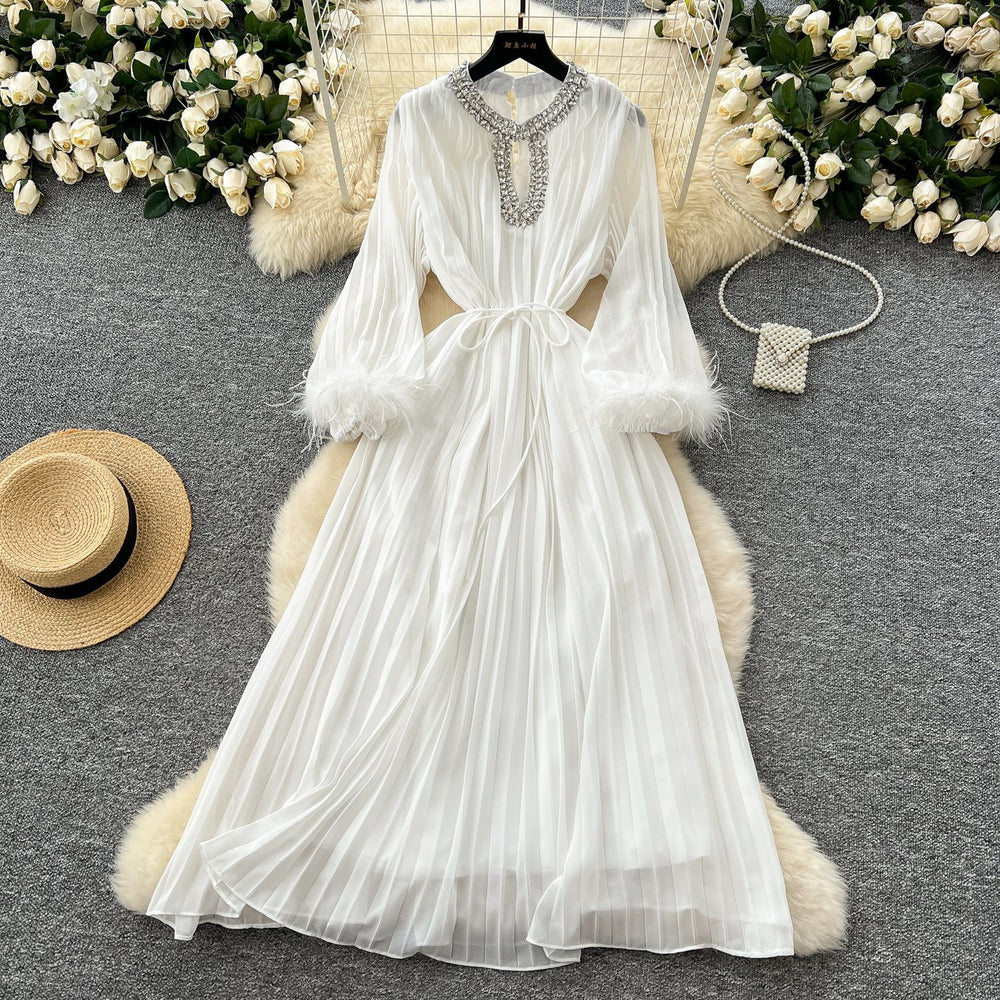 French-style, heavily embellished, diamond-studded, faux fur sleeve, high-end pleated dress - women's loose-fit, tie-waist, elegant long dress