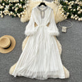 French-style, heavily embellished, diamond-studded, faux fur sleeve, high-end pleated dress - women's loose-fit, tie-waist, elegant long dress