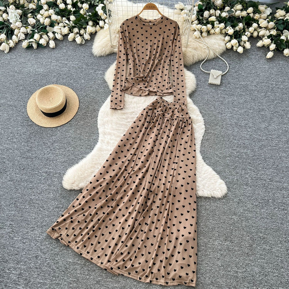 French chic polka dot two-piece set: women's autumn long sleeve high-waisted slimming mesh top and midi skirt elegant outfit