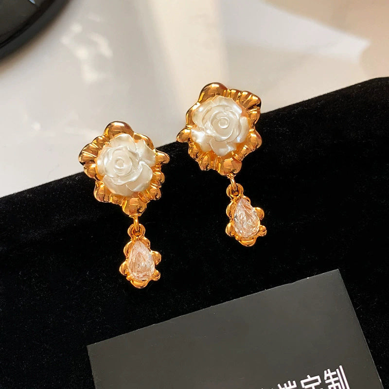 18k gold plated french rose flower earrings - women's zircon tassel dangle earrings - unique european and american style accessories