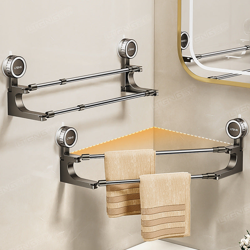Strong suction cup type double rod rotating telescopic towel rack, no punching wall hanging bath towel storage rack in household bathroom