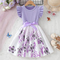 summer children's dress purple knitted flutter sleeve patchwork bowknot floral pattern girls' cute dress