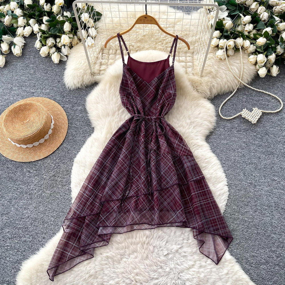 French retro plaid cami dress - women's summer korean style high waist, cinched waist, asymmetrical ruffle hem, slimming dress