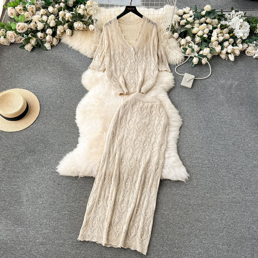Korean style minimalist effortless outfit: knitted cardigan & high-waisted midi skirt set - trendy two-piece fashion