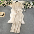 Korean style minimalist effortless outfit: knitted cardigan & high-waisted midi skirt set - trendy two-piece fashion