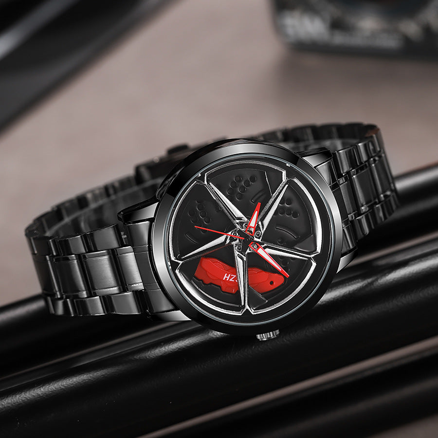 New hollow-out creative tech men's steel band watch with rotating bezel - cross-border quartz watch