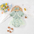 Baby girl party outfit cute ribbed knit patchwork mesh floral fake two-piece mesh romper dress with headband