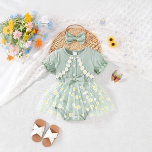 Baby girl party outfit cute ribbed knit patchwork mesh floral fake two-piece mesh romper dress with headband