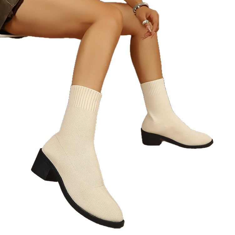 Export women's shoes  fashionknittingspring & fall single boots pointed thick heel women's flats thin boots women's mid-heeled short boots