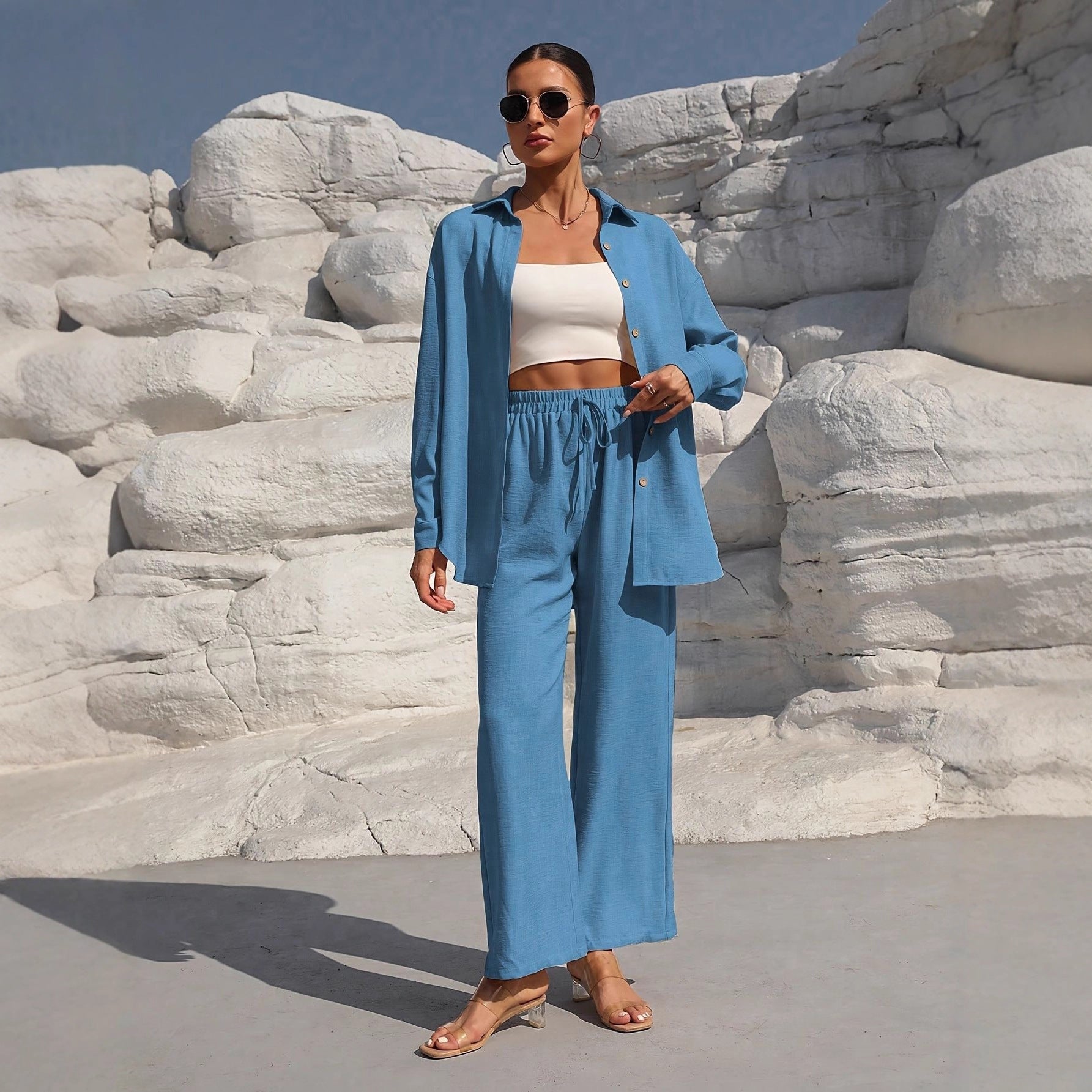 Europe and the United States  fashion spring and autumn style temperament large size women's long-sleeved cardigan two-piece set casual solid color set