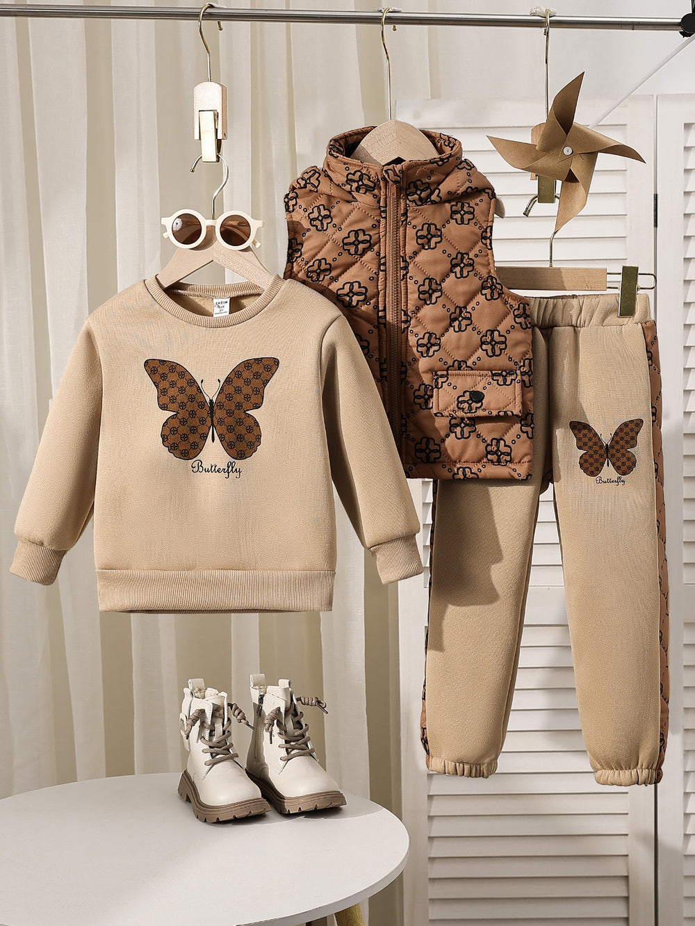 european and american quilted vest + patch embroidered round neck sweatshirt + trousers autumn and winter trousers suit three-piece set