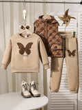 european and american quilted vest + patch embroidered round neck sweatshirt + trousers autumn and winter trousers suit three-piece set