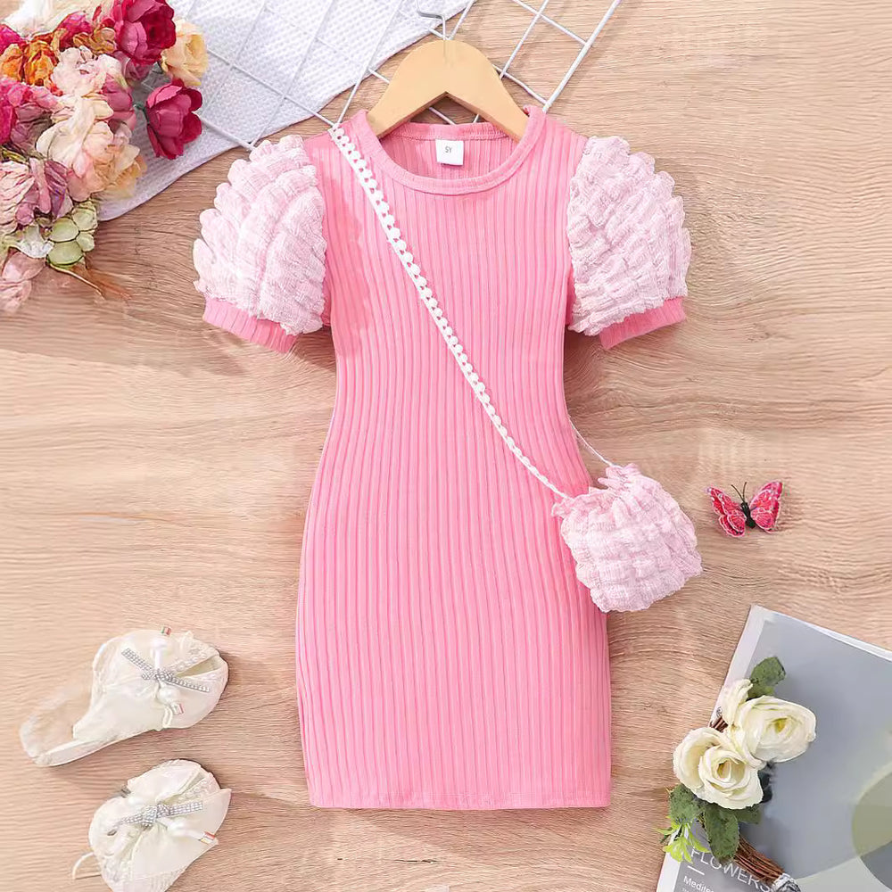 Kids' lightweight bubble sleeve short-sleeve crew neck solid color dress with bubble detail