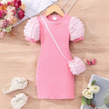 Kids' lightweight bubble sleeve short-sleeve crew neck solid color dress with bubble detail
