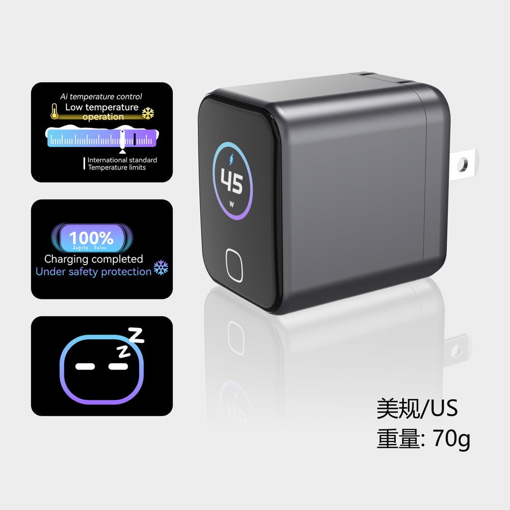 Custom 45w gan charger with ai smart display, foldable tft fast charging adapter for tablets and phones