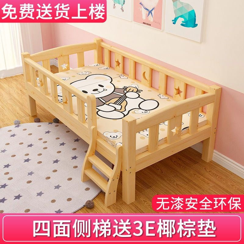 Solid wood baby crib bed with wide guardrail, single bed for boys and girls, side bed, children's splicing large bed