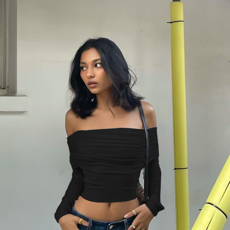 european and american foreign trade sexy fashion off-the-shoulder bandeau top ruched slimming crop t-shirt