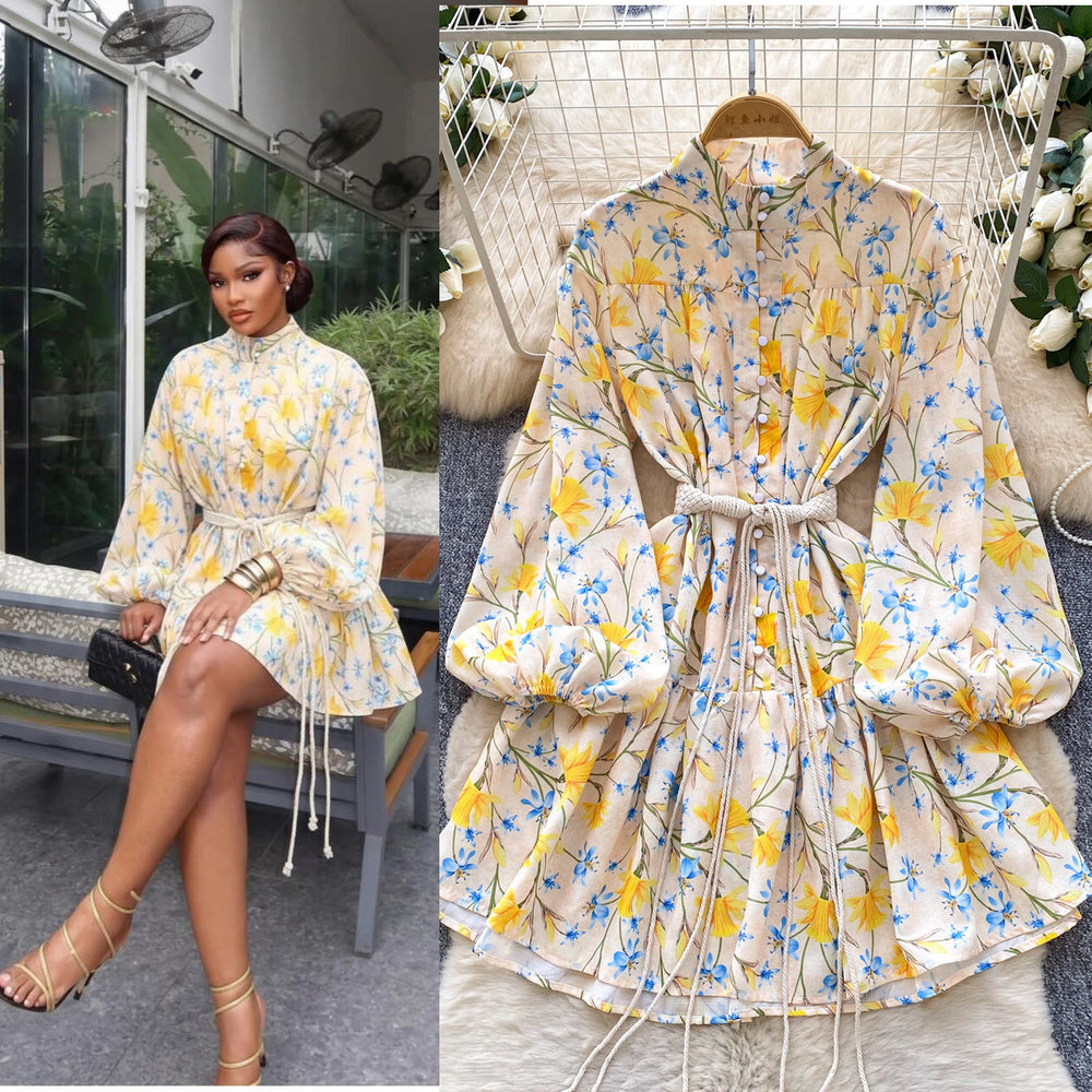 Frenchretro blue long sleeves floral dress female k-style stand collar tie back waist slimming look a-line skirt lady style
