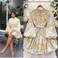 Frenchretro blue long sleeves floral dress female k-style stand collar tie back waist slimming look a-line skirt lady style