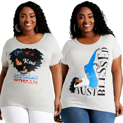 S390160 european and american  cross-border e-commerce plus size women's short-sleeve casual t-shirt with portrait and letter print for summer